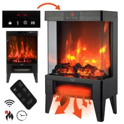 Adler Kominek elektryczny LED z pilotem | 3D efekt płomienia | 2 moce grzania 1000W/2000W | Termostat