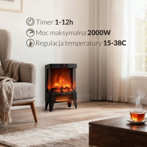 Adler Kominek elektryczny LED z pilotem | 3D efekt płomienia | 2 moce grzania 1000W/2000W | Termostat