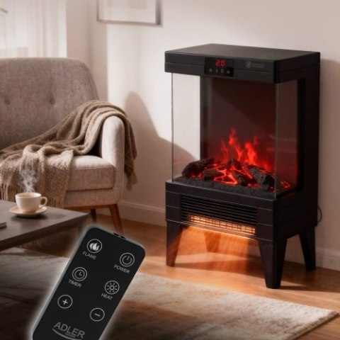 Adler Kominek elektryczny LED z pilotem | 3D efekt płomienia | 2 moce grzania 1000W/2000W | Termostat