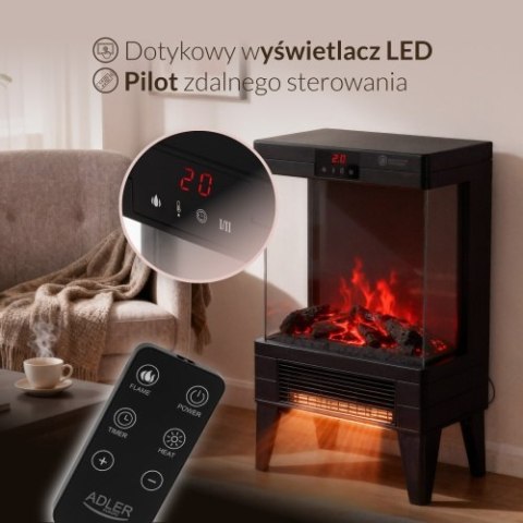 Adler Kominek elektryczny LED z pilotem | 3D efekt płomienia | 2 moce grzania 1000W/2000W | Termostat