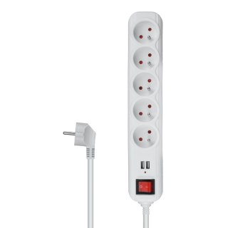 Listwa ochronna z wyłącznikiem, 5 gniazd, 2 x USB, biała, 1,5 m DPM