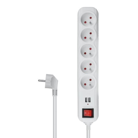 Listwa ochronna z wyłącznikiem, 5 gniazd, 2 x USB, biała, 1,5 m DPM