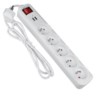Listwa ochronna z wyłącznikiem, 5 gniazd, 2 x USB, biała, 1,5 m DPM