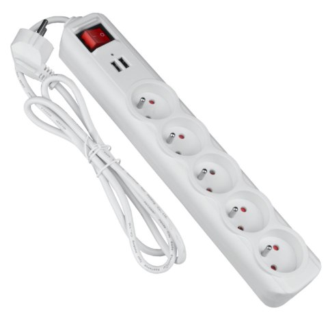 Listwa ochronna z wyłącznikiem, 5 gniazd, 2 x USB, biała, 1,5 m DPM
