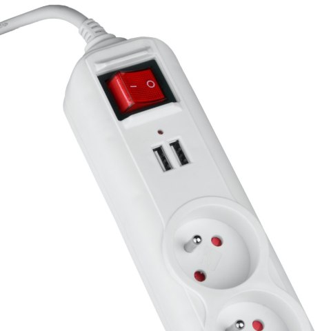 Listwa ochronna z wyłącznikiem, 5 gniazd, 2 x USB, biała, 1,5 m DPM