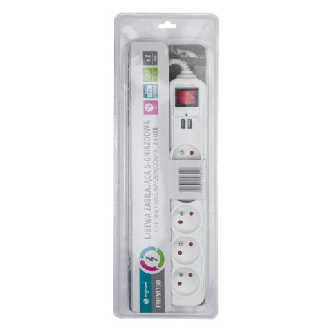 Listwa ochronna z wyłącznikiem, 5 gniazd, 2 x USB, biała, 1,5 m DPM