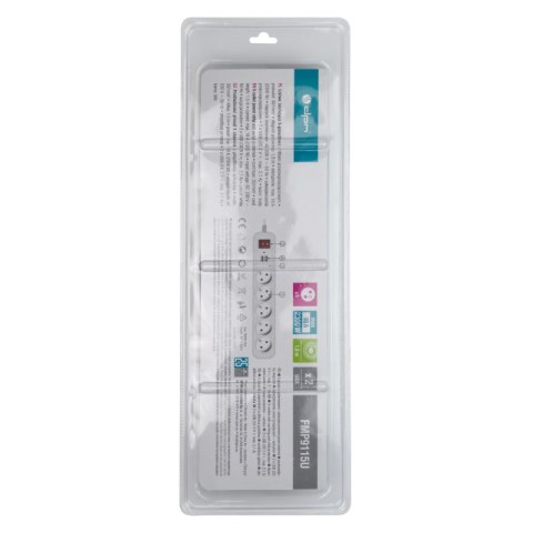 Listwa ochronna z wyłącznikiem, 5 gniazd, 2 x USB, biała, 1,5 m DPM