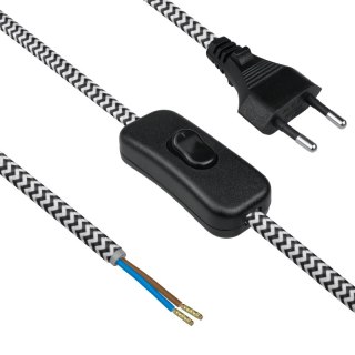 Przewód elektryczny z włącznikiem w oplocie, 2 x 0,75 mm2, biało-czarny, 2,5 m DPM