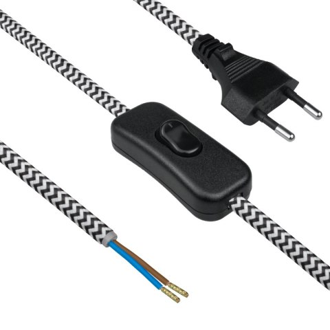 Przewód elektryczny z włącznikiem w oplocie, 2 x 0,75 mm2, biało-czarny, 2,5 m DPM