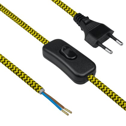 Przewód elektryczny z włącznikiem w oplocie, 2 x 0,75 mm2, żółto-czarny, 2,5 m DPM