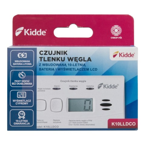 Czujnik czadu z wyświetlaczem i wbudowaną baterią K10DLLCO, gwarancja 10 lat, Kidde KIDDE