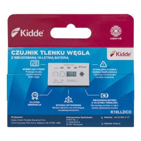 Czujnik czadu z wyświetlaczem i wbudowaną baterią K10DLLCO, gwarancja 10 lat, Kidde KIDDE
