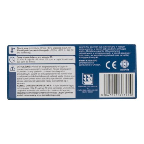Czujnik czadu z wyświetlaczem i wbudowaną baterią K10DLLCO, gwarancja 10 lat, Kidde KIDDE