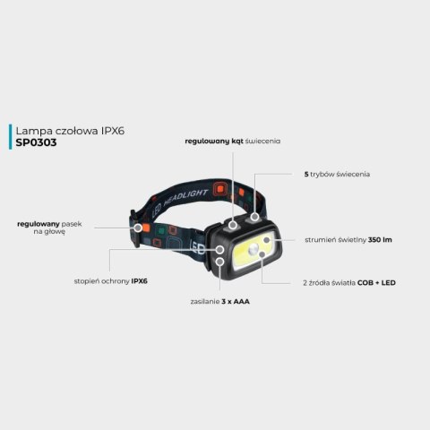 Lampa czołowa COB/LED, 350 lm, IPX6 DPM