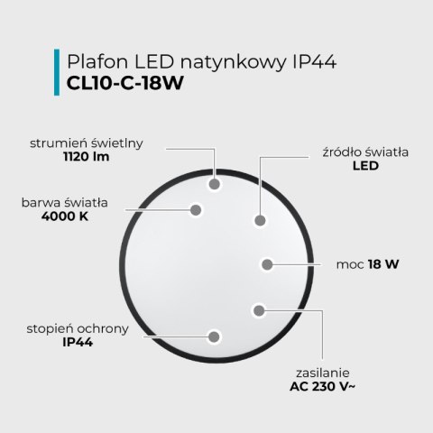 Plafon natynkowy, IP44, 18 W, 4000 K, okrągły, czarny DPM