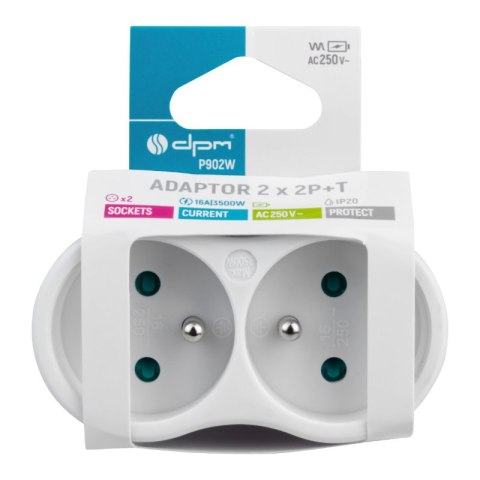 Rozgałęźnik elektryczny, 2 gniazda z uziemieniem, biały DPM