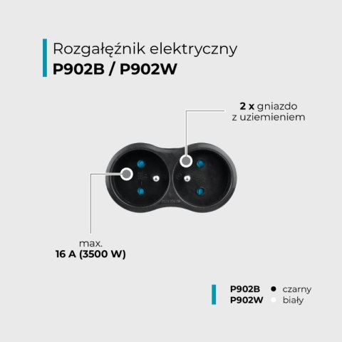 Rozgałęźnik elektryczny, 2 gniazda z uziemieniem, czarny DPM