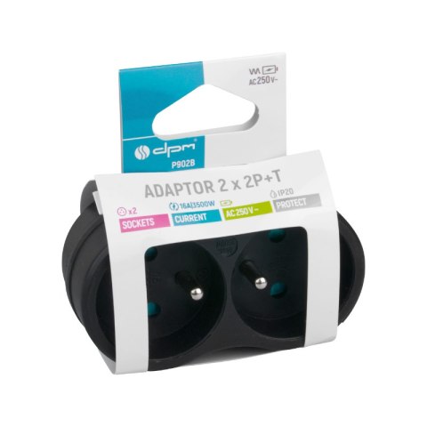 Rozgałęźnik elektryczny, 2 gniazda z uziemieniem, czarny DPM