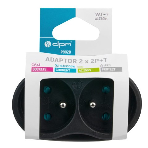 Rozgałęźnik elektryczny, 2 gniazda z uziemieniem, czarny DPM