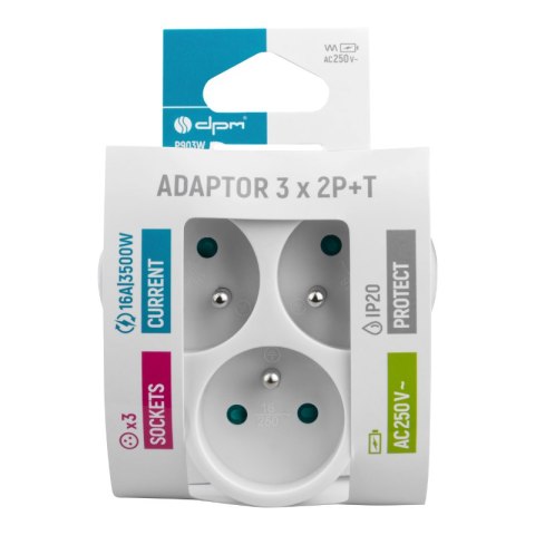 Rozgałęźnik elektryczny, 3 gniazda z uziemieniem, biały DPM