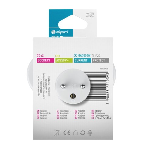 Rozgałęźnik elektryczny, 3 gniazda z uziemieniem, biały DPM