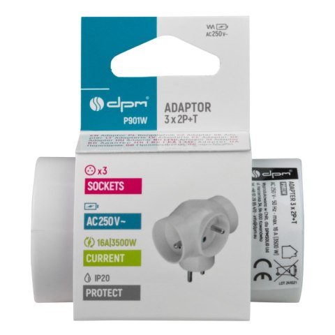 Rozgałęźnik elektryczny, 3 gniazda z uziemieniem, biały DPM