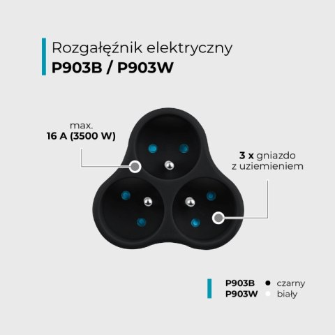 Rozgałęźnik elektryczny, 3 gniazda z uziemieniem, czarny DPM