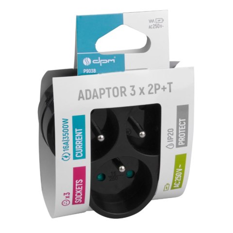 Rozgałęźnik elektryczny, 3 gniazda z uziemieniem, czarny DPM
