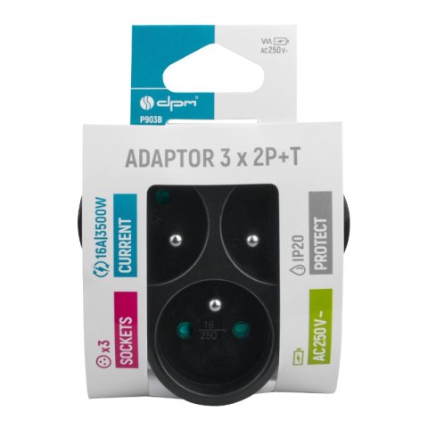Rozgałęźnik elektryczny, 3 gniazda z uziemieniem, czarny DPM
