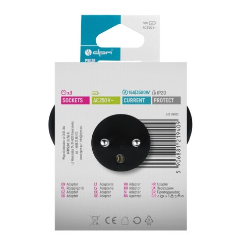 Rozgałęźnik elektryczny, 3 gniazda z uziemieniem, czarny DPM