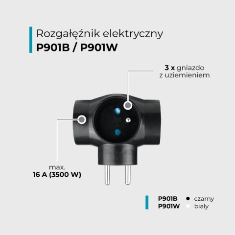 Rozgałęźnik elektryczny, 3 gniazda z uziemieniem, czarny DPM