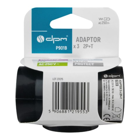 Rozgałęźnik elektryczny, 3 gniazda z uziemieniem, czarny DPM