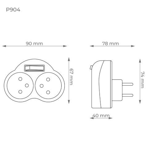 Rozgałęźnik elektryczny z włącznikiem, 2 gniazda z uziemieniem, czarny DPM
