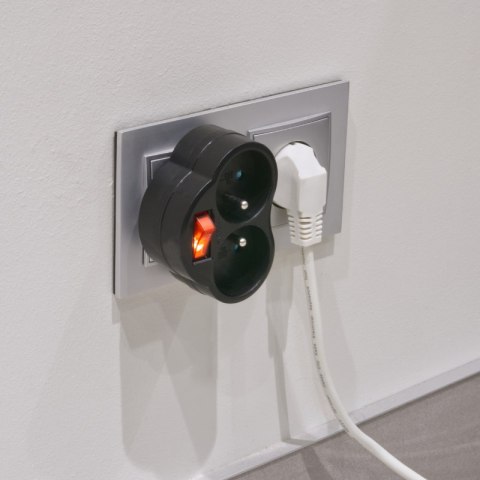 Rozgałęźnik elektryczny z włącznikiem, 2 gniazda z uziemieniem, czarny DPM
