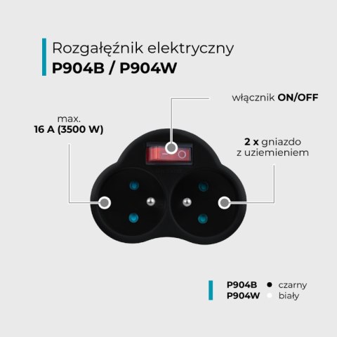 Rozgałęźnik elektryczny z włącznikiem, 2 gniazda z uziemieniem, czarny DPM