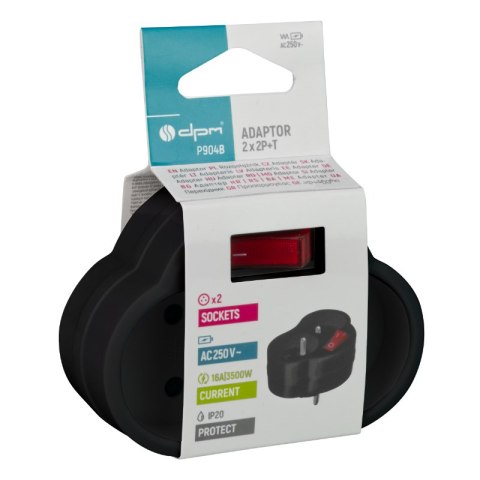 Rozgałęźnik elektryczny z włącznikiem, 2 gniazda z uziemieniem, czarny DPM