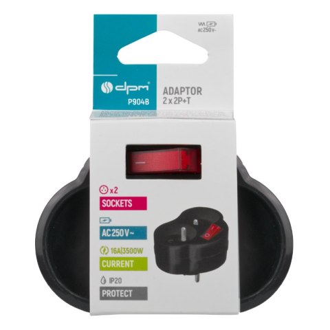 Rozgałęźnik elektryczny z włącznikiem, 2 gniazda z uziemieniem, czarny DPM