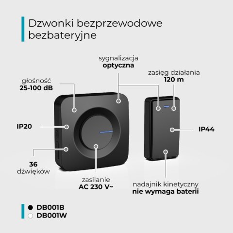 Dzwonek bezprzewodowy kinetyczny, odbiornik AC 230 V, czarny, LUMIO
