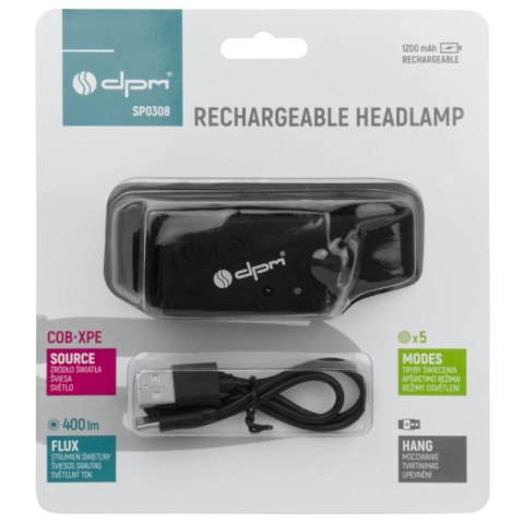 Lampa czołowa COB/XPE, ładowalna, 400 lm, 1200 mAh