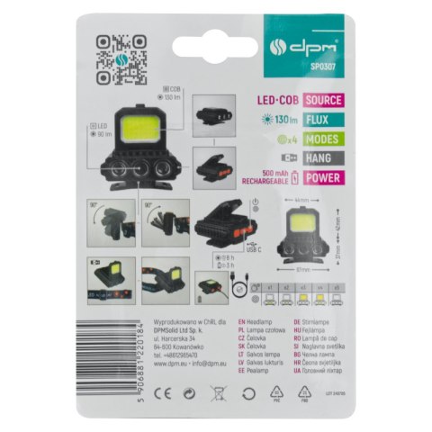 Lampa czołowa LED/COB, ładowalna, 130 lm DPM