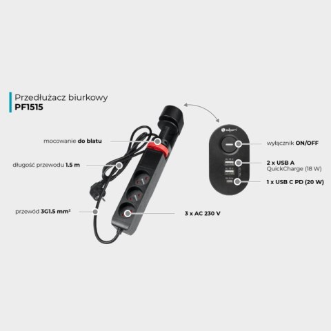 Listwa podblatowa, 3 gniazda, 3 x USB, 1,5 m, czarna DPM
