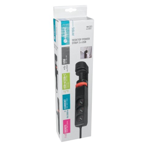 Listwa podblatowa, 3 gniazda, 3 x USB, 1,5 m, czarna DPM