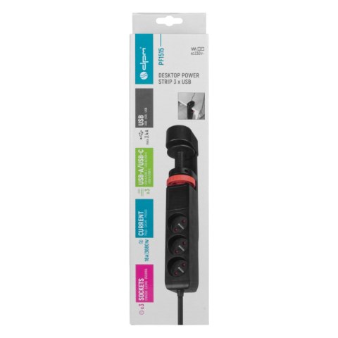 Listwa podblatowa, 3 gniazda, 3 x USB, 1,5 m, czarna DPM