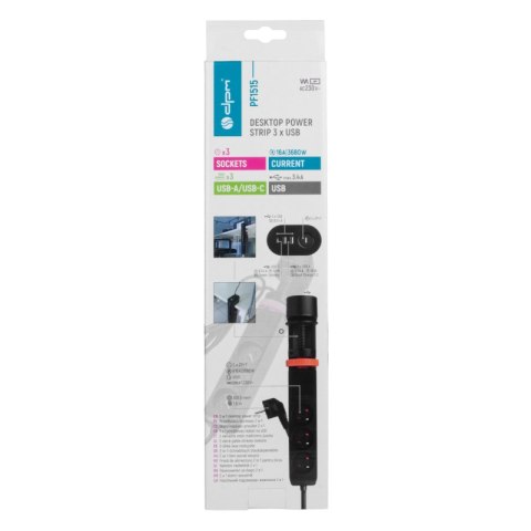 Listwa podblatowa, 3 gniazda, 3 x USB, 1,5 m, czarna DPM