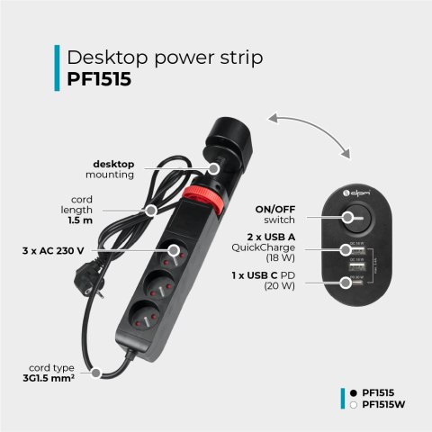 Listwa podblatowa, 3 gniazda, 3 x USB, 1,5 m, czarna DPM