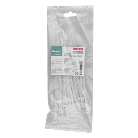 Opaski zaciskowe z otworem na śrubę 3,6 x 145 mm, 25 szt., białe