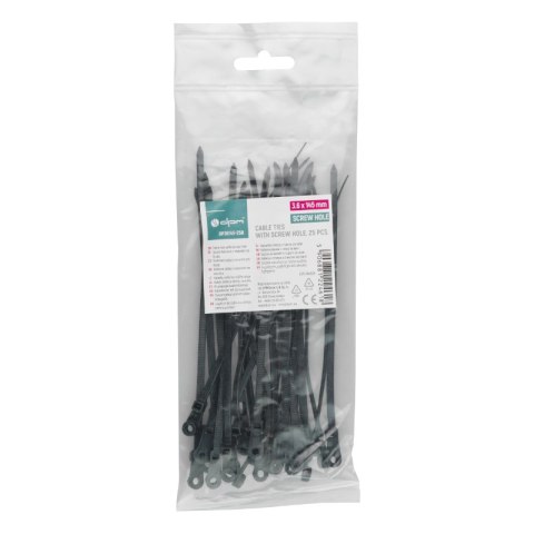 Opaski zaciskowe z otworem na śrubę 3,6 x 145 mm, 25 szt., czarne