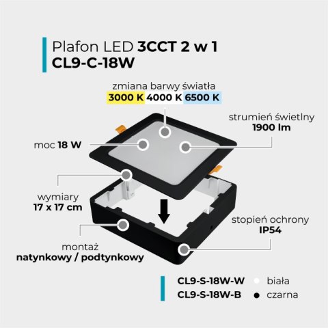 Plafon LED 2 w 1, 18 W, 1900 lm, 3000K-4000K-6000K, IP54, kwadratowy, biały DPM