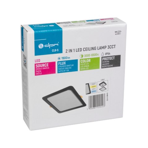 Plafon LED 2 w 1, 18 W, 1900 lm, 3000K-4000K-6000K, IP54, kwadratowy, czarny DPM