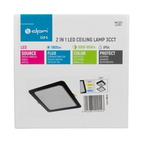 Plafon LED 2 w 1, 18 W, 1900 lm, 3000K-4000K-6000K, IP54, kwadratowy, czarny DPM